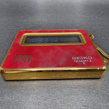 Seiko Travel Alarm Clock Digital 61mm Red Gold Tone 7412803Q New Batteyr2