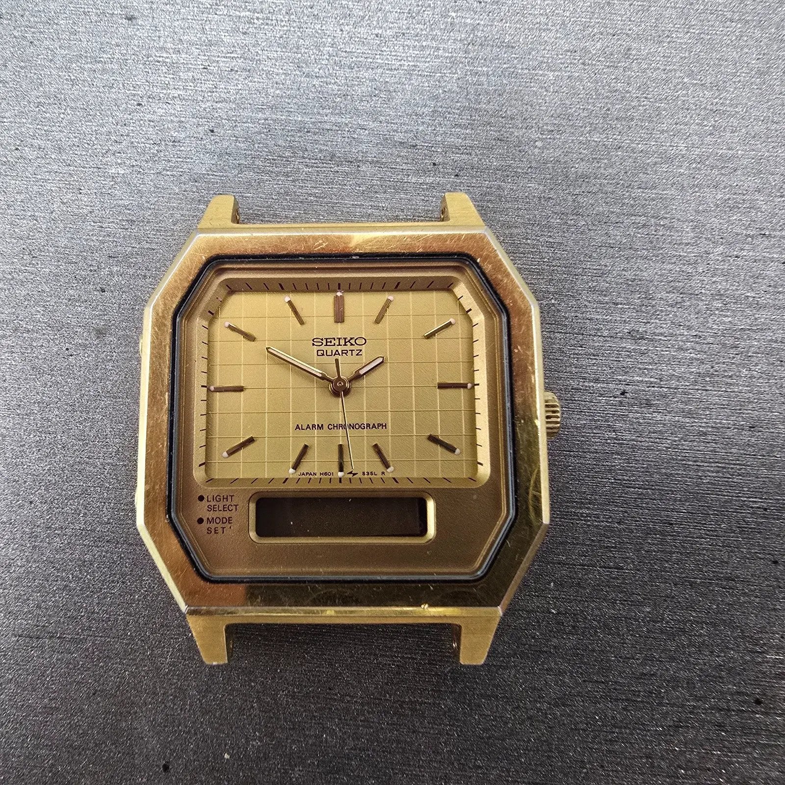 Seiko Analog Digital Watch Men 33mm Gold Dial Gold Tone Rectangle H601-5389 PART0