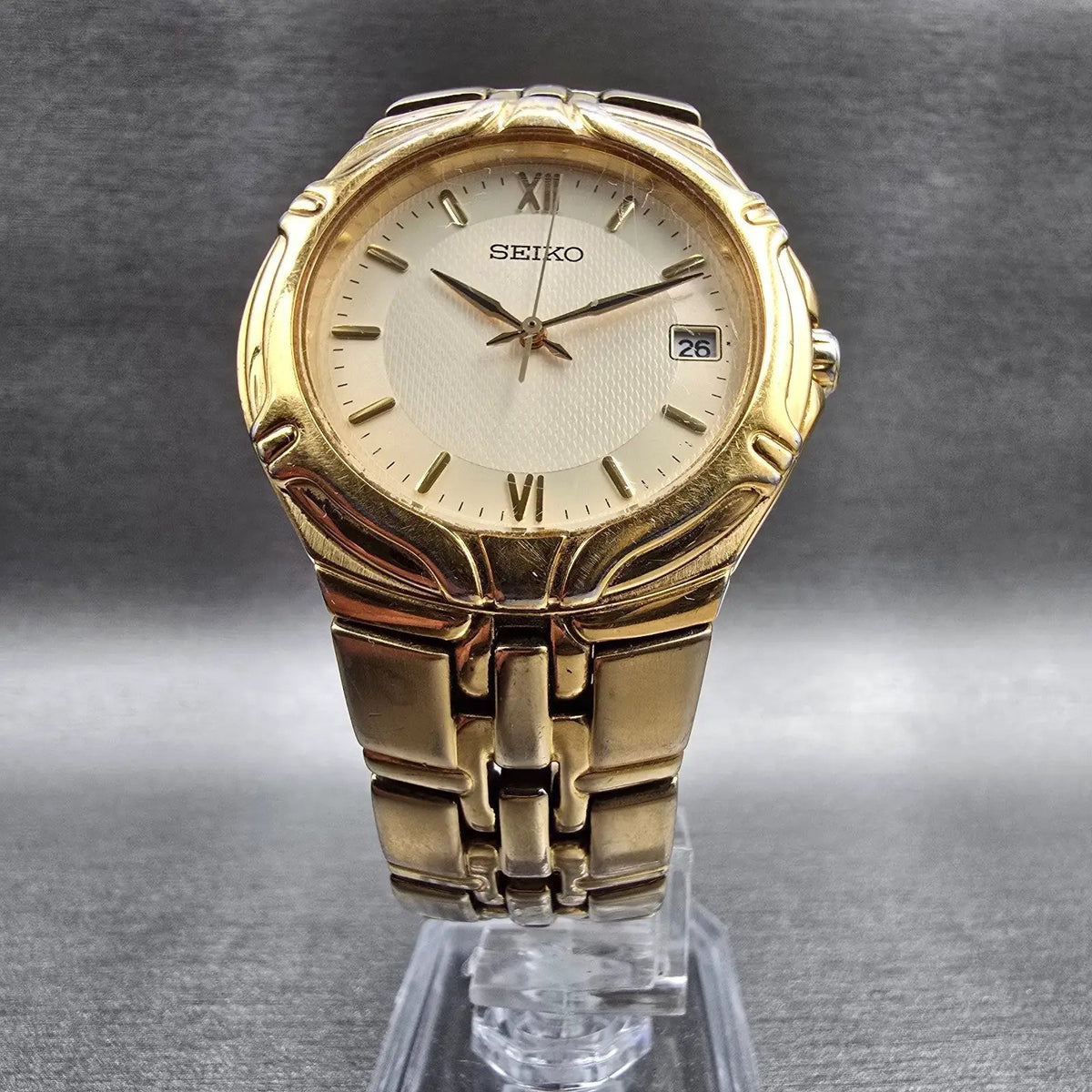Seiko Watch Men 36mm Cream Dial Gold Tone Date Round 7N42-6C10 New Battery JP5
