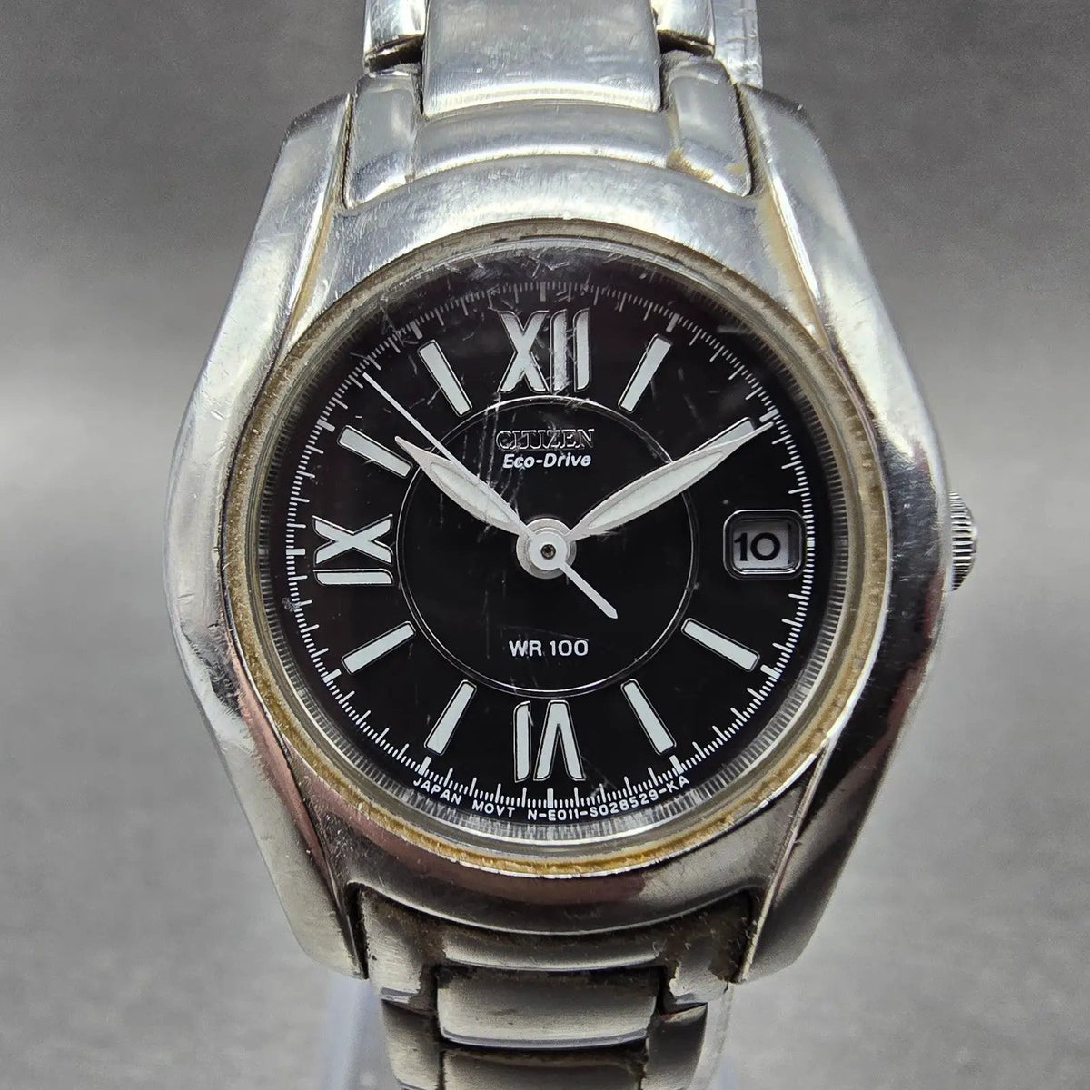 Citizen Eco-Drive Watch Women 25mm Black Dial Silver Date E011-S015502 Runs JP60
