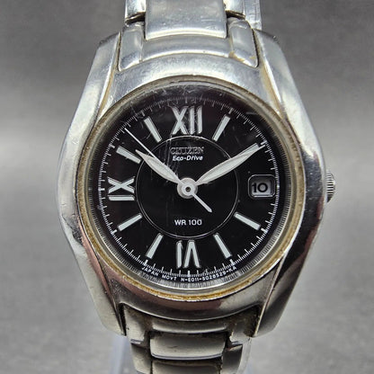 Citizen Eco-Drive Watch Women 25mm Black Dial Silver Date E011-S015502 Runs JP60
