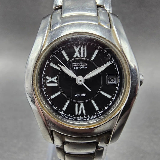 Citizen Eco-Drive Watch Women 25mm Black Dial Silver Date E011-S015502 Runs JP60