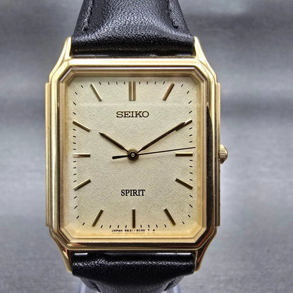 Seiko Spirit Tank Watch Men 26mm Champagne Dial Gold Rectangle 5E31-5B60 New Bat1