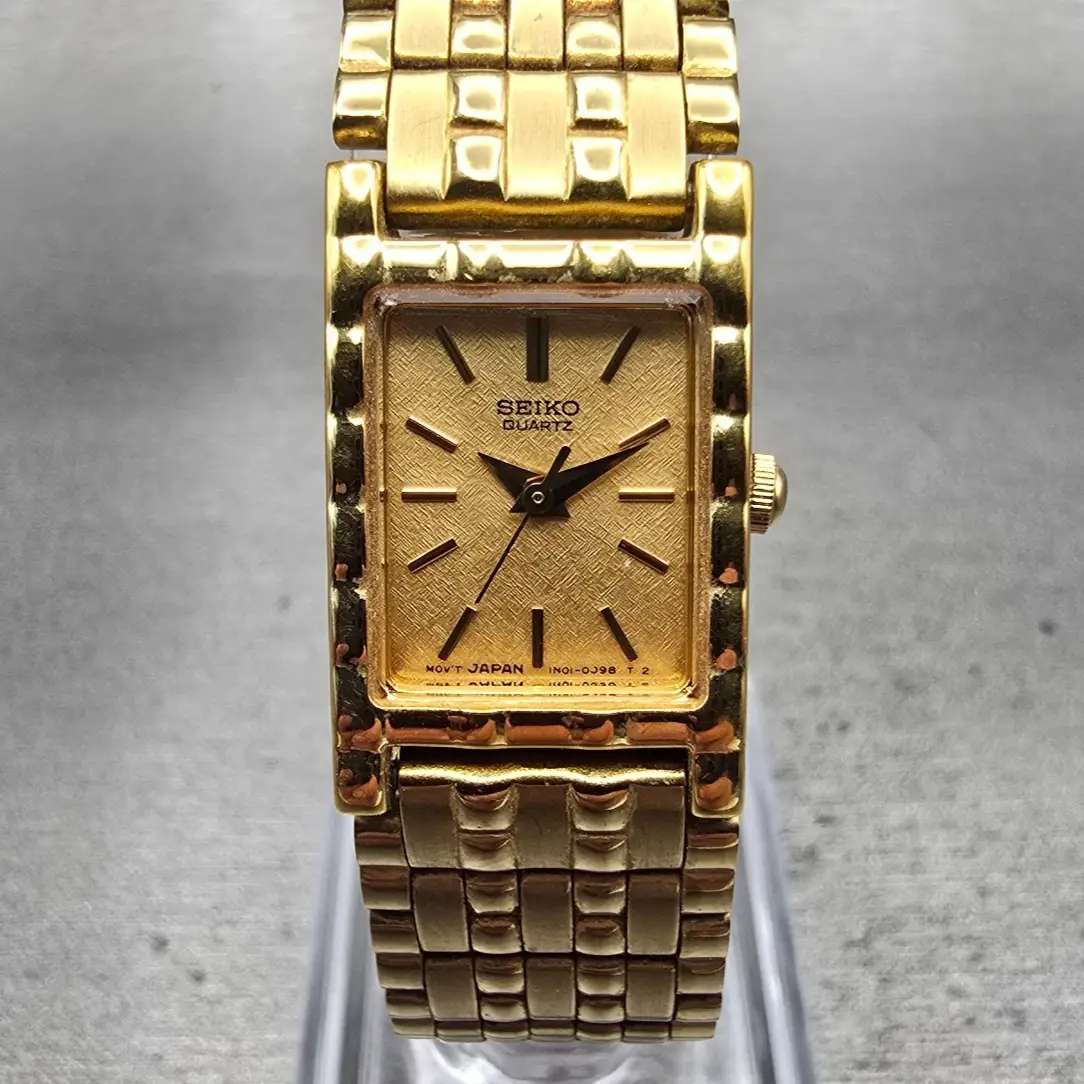 Seiko Watch Women 16mm Gold Dial Gold Tone Rectangle 1N01-5A69 New Battery VTG0