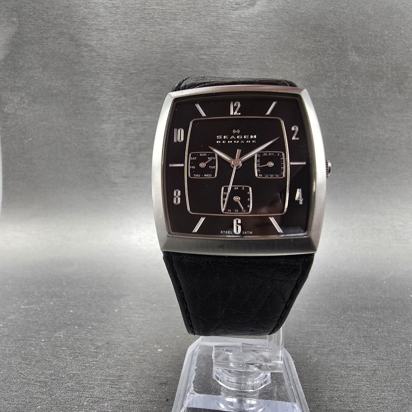Skagen Tank Watch Men 35mm Black Dial Silver Tone Daydate 390LSLB1 New Battery5