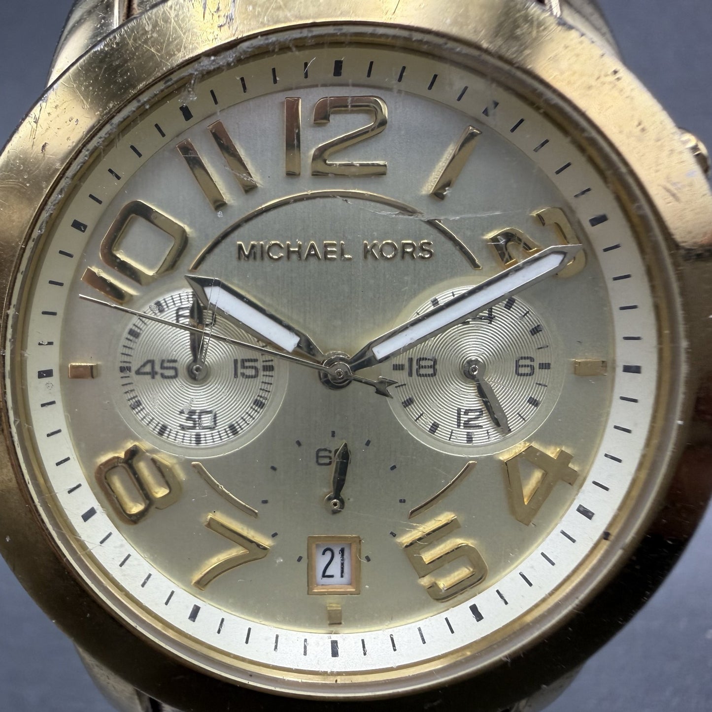 Michael Kors Mercer Watch 42mm Women Champagne Dial Gold Tone Chrono New Batt1