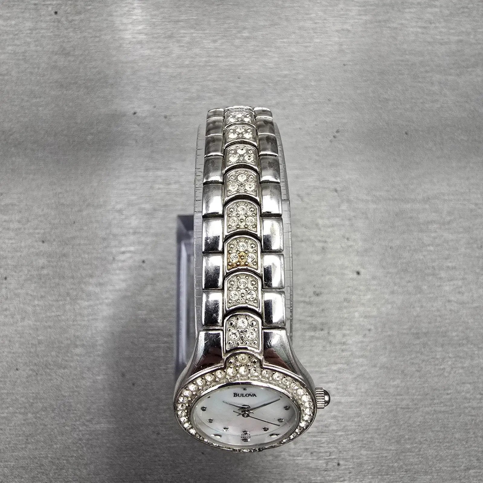 Bulova Watch Women 22mm MOP Dial Silver Tone Gemmed Round 96T14 New Battery4