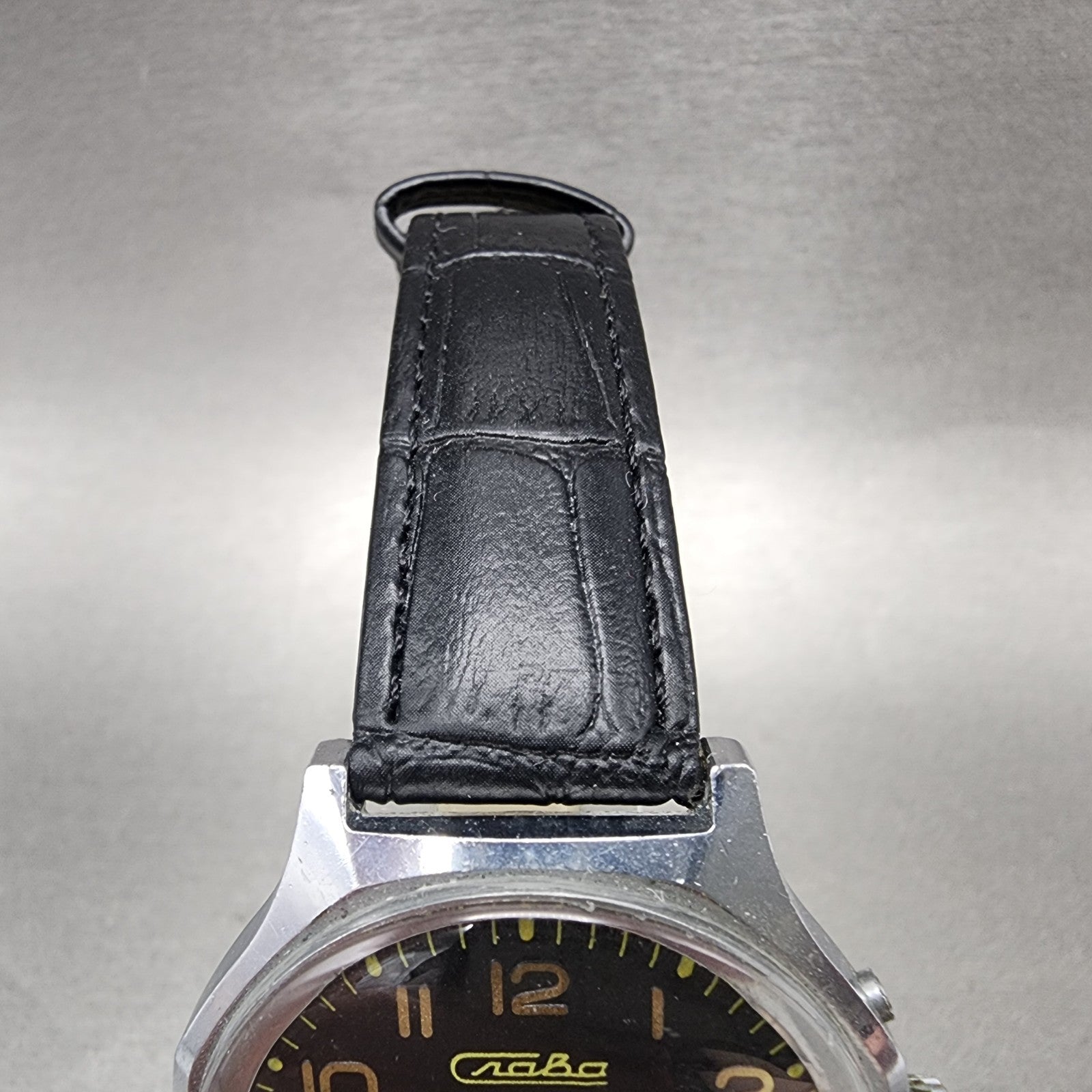 Slava Watch Men 39mm Black Dial Silver Tone Daydate Round Manual Wind Runs VTG4