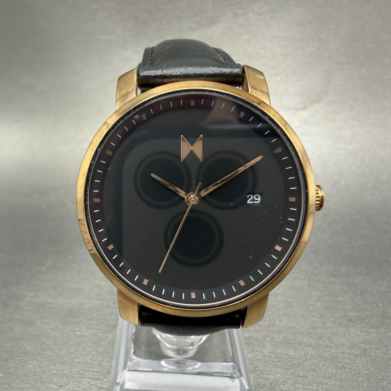MVMT Boulevard Watch Women 38mm Black Dial Rose Gold Tone Date Leather New BattA0