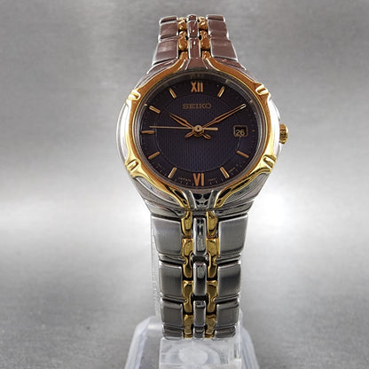 Seiko Watch Women 26mm Blue Dial Two Tone Date Round 7N820AT0 New Battery B1235
