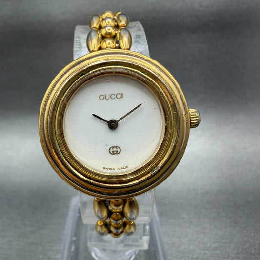 Gucci 11/12 Watch Women 26mm White Dial Gold Plated Interchange Bezel New Batt A0