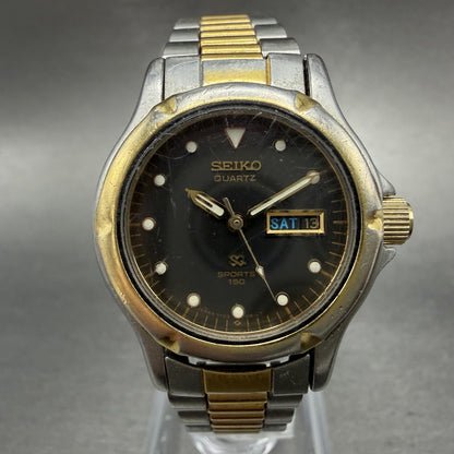 Seiko SQ Sports 150 Watch Women 27mm Black Dial TwoTone Daydate 3Y03-0A69 NewBat0