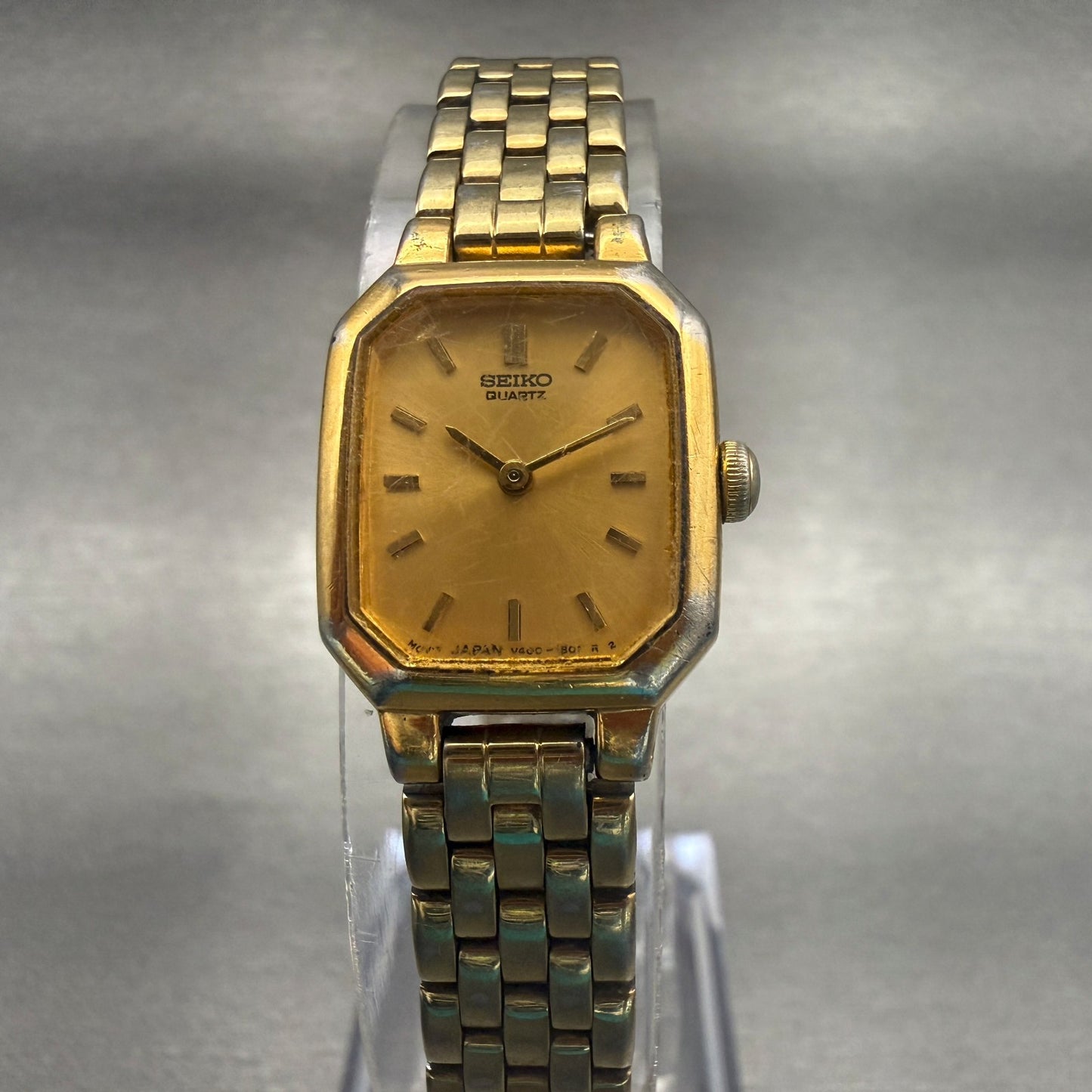 Seiko Watch Women 17mm Gold Dial Gold Tone Rectangle V400-5608 New Battery0