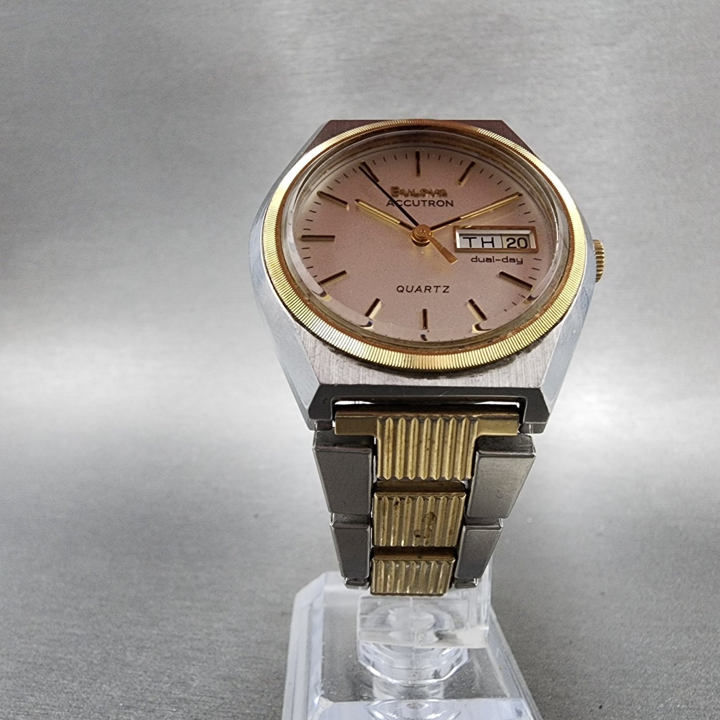 Bulova Accutron Quartz Watch Men 37mm Silver Dial Two Tone DualDay New Battery5