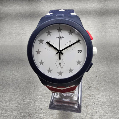 Swatch Free & Brave Chronograph Watch Men White Dial Blue Date SUSZ401 New Batt40
