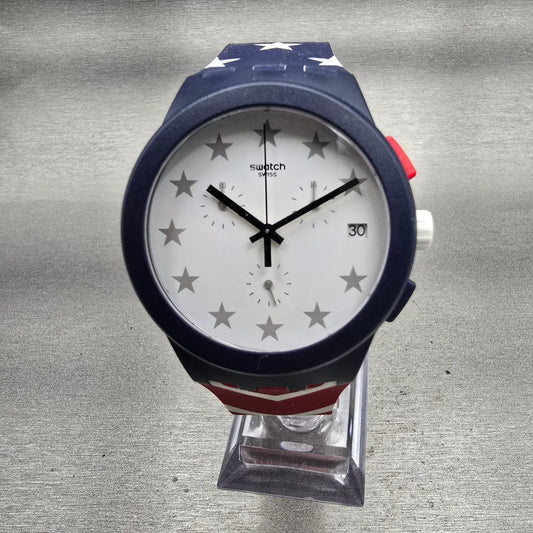 Swatch Free & Brave Chronograph Watch Men White Dial Blue Date SUSZ401 New Batt40