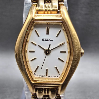 Seiko Watch Women 18mm White Dial Gold Tone Oval 1N01-5C19 New Battery Vintage1