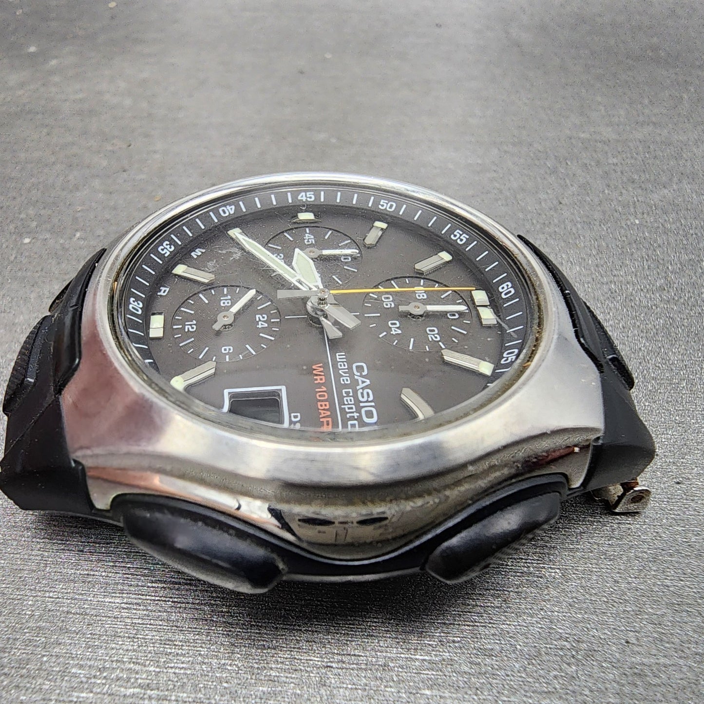 Casio Wave Ceptor Watch Men 43mm Black Dial Black Tone Analog Digital Solar Runs5