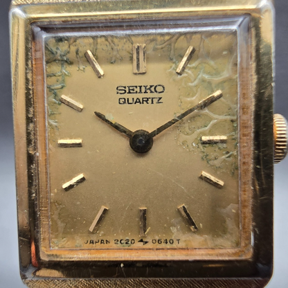 Seiko Watch Women 16mm Gold Dial Gold Tone Rectangle 2C20-5299 New Battery1