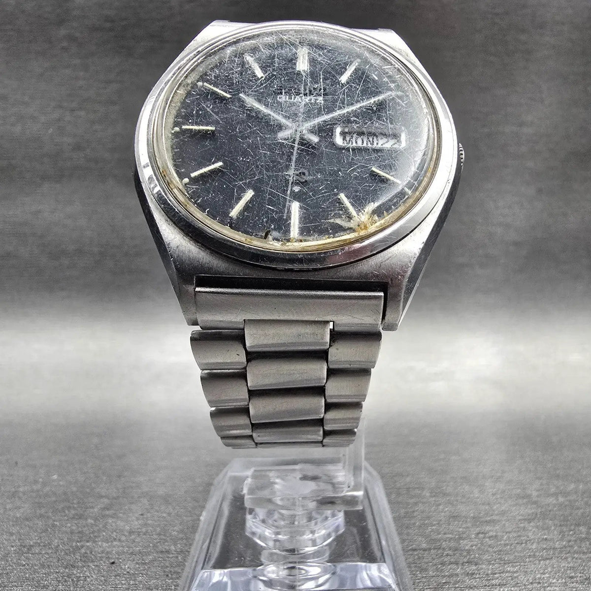 Seiko SQ Watch Men 37mm Black Dial Silver Tone Daydate Round 7546-8049 New Batt5