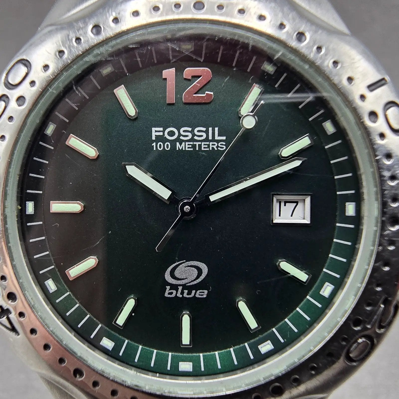 Fossil Blue Dive Watch Men 41mm Green Dial Silver Tone Date AM-3492 New Battery2