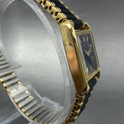 Seiko Tank Watch Women 14mm Black Dial Gold Tone Rectangle 1F20-5A69 New Batt TH3