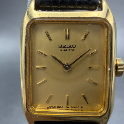 Seiko Tank Watch Women 17mm Champagne Dial Gold Tone 4N00-5129 New Battery HJ81