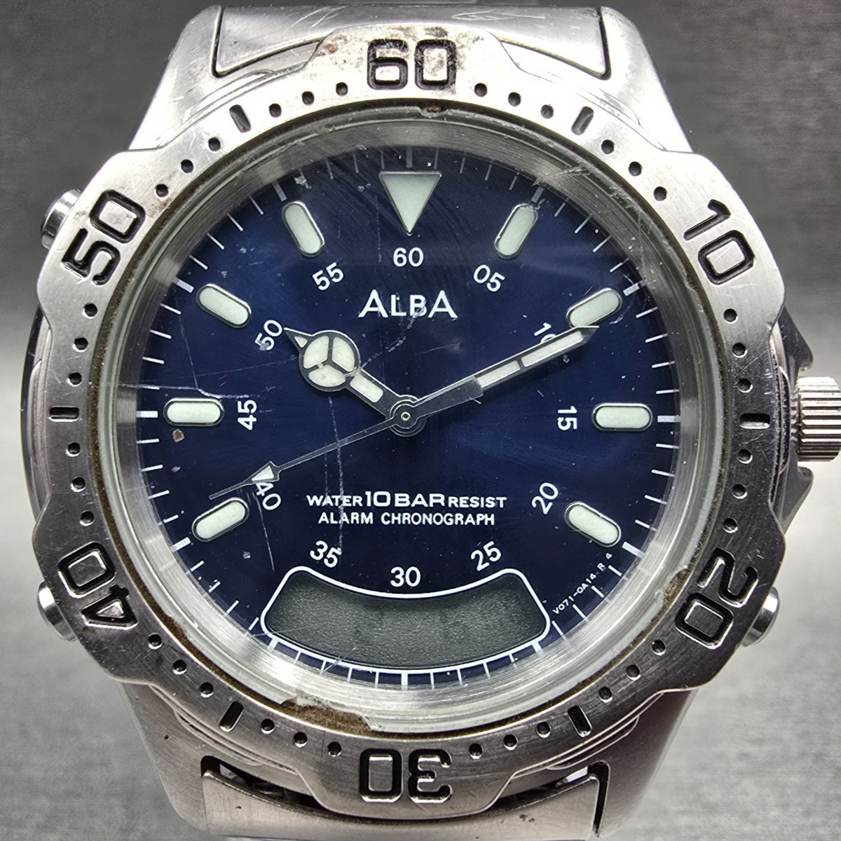 Seiko Alba Watch Men 40mm Blue Dial Silver Tone Chrono Alarm V071-0A10 New Batt1
