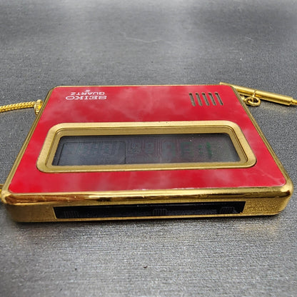 Seiko Travel Alarm Clock Digital 61mm Red Gold Tone 7412803Q New Batteyr4