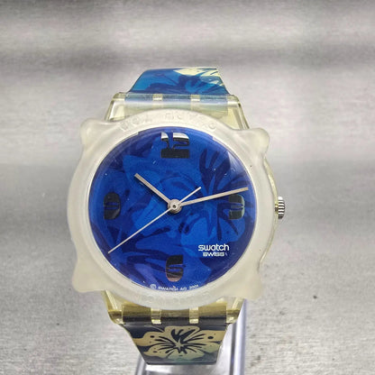 Swatch Gent MY NEXT HOLIDAYS Watch Men 34mm Blue Dial Clear Case GK383 New Batt0