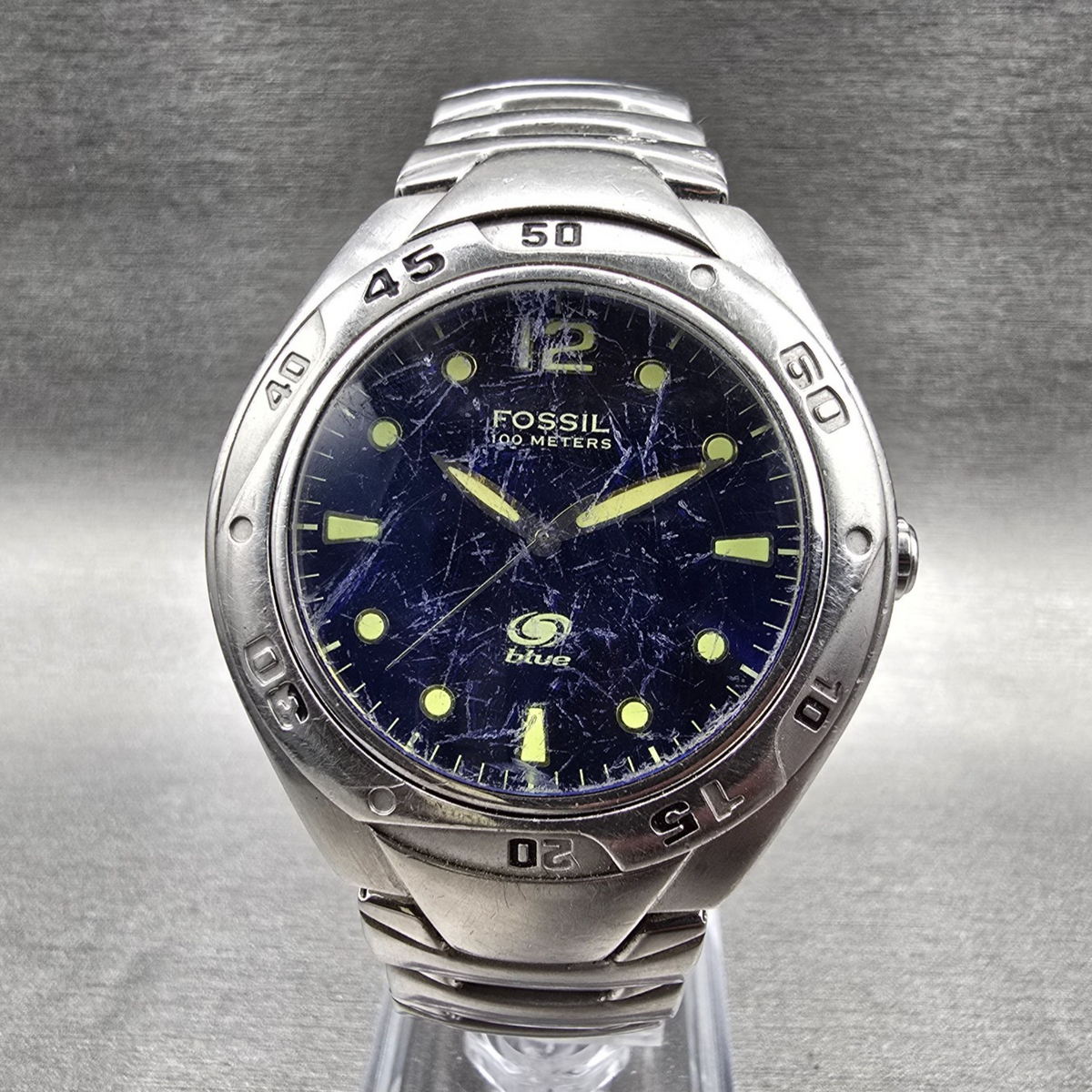 Fossil Blue Diver Watch Men 40mm Blue Dial Silver Tone Round AM-3395 New Battery0