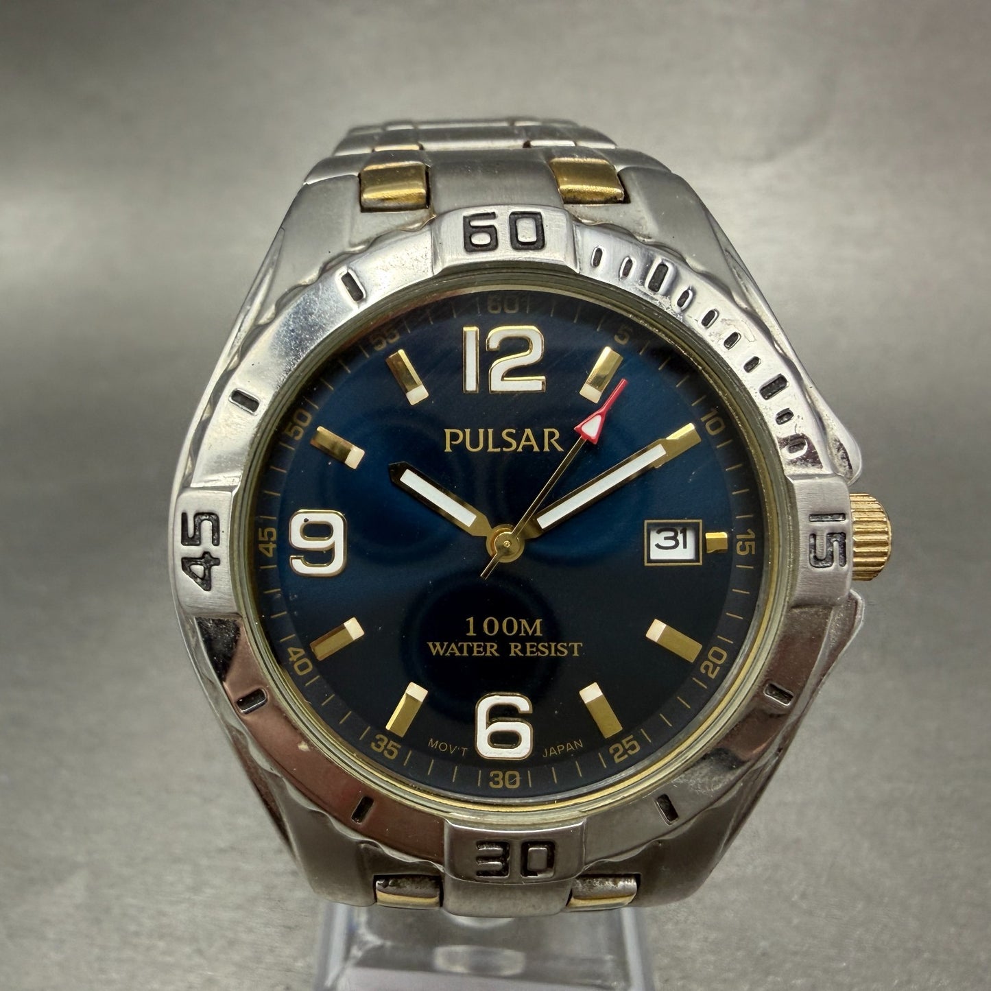 Pulsar Watch Men 42mm Blue Dial Two Tone Date Round VX42-X245 New Batetry0