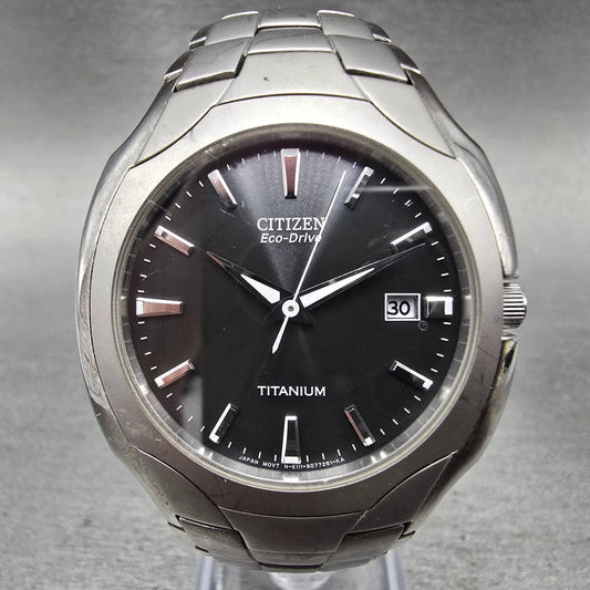 Citizen Eco-Drive Watch Men 38mm Black Dial Titanium Date E111-S049610 Runs GVHM0