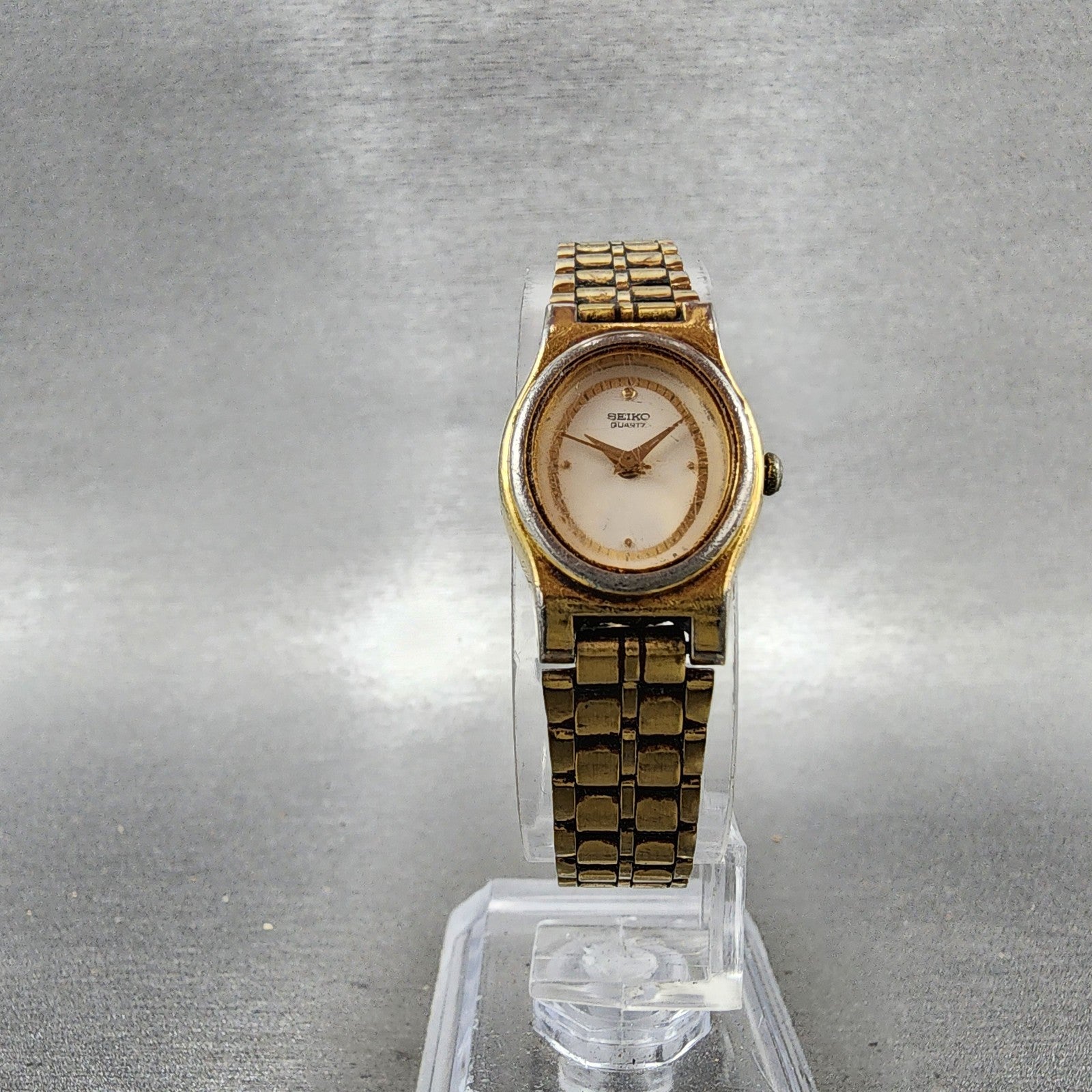 Seiko Watch Women 18mm White Dial Gold Tone Oval V4015109 New Battery VTG5