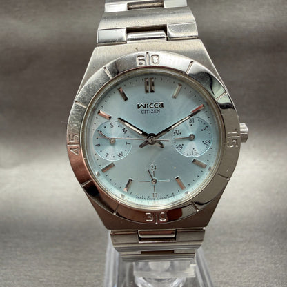 Citizen Wicca Watch Women 31mm Blue Dial Silver Tone Daydate Round New Battery0