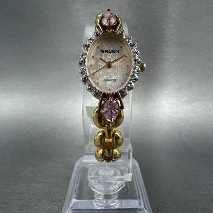 Gruen Watch Women 18mm White Dial Gold Tone Oval Pink Gem Stones New Battery5