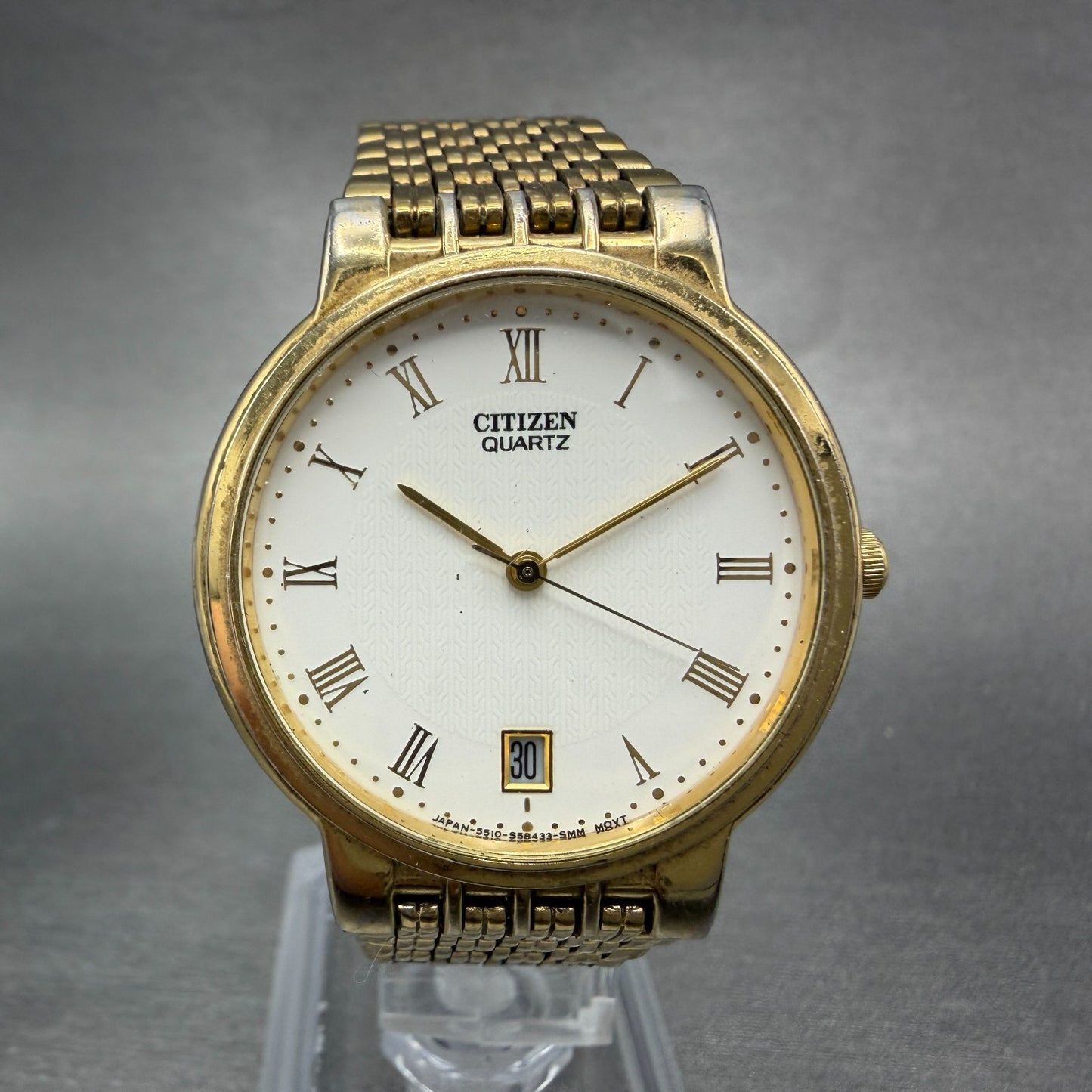 Citizen Watch Men 33mm White Dial Gold Tone Date 5510-S19546 New Battery VTG0