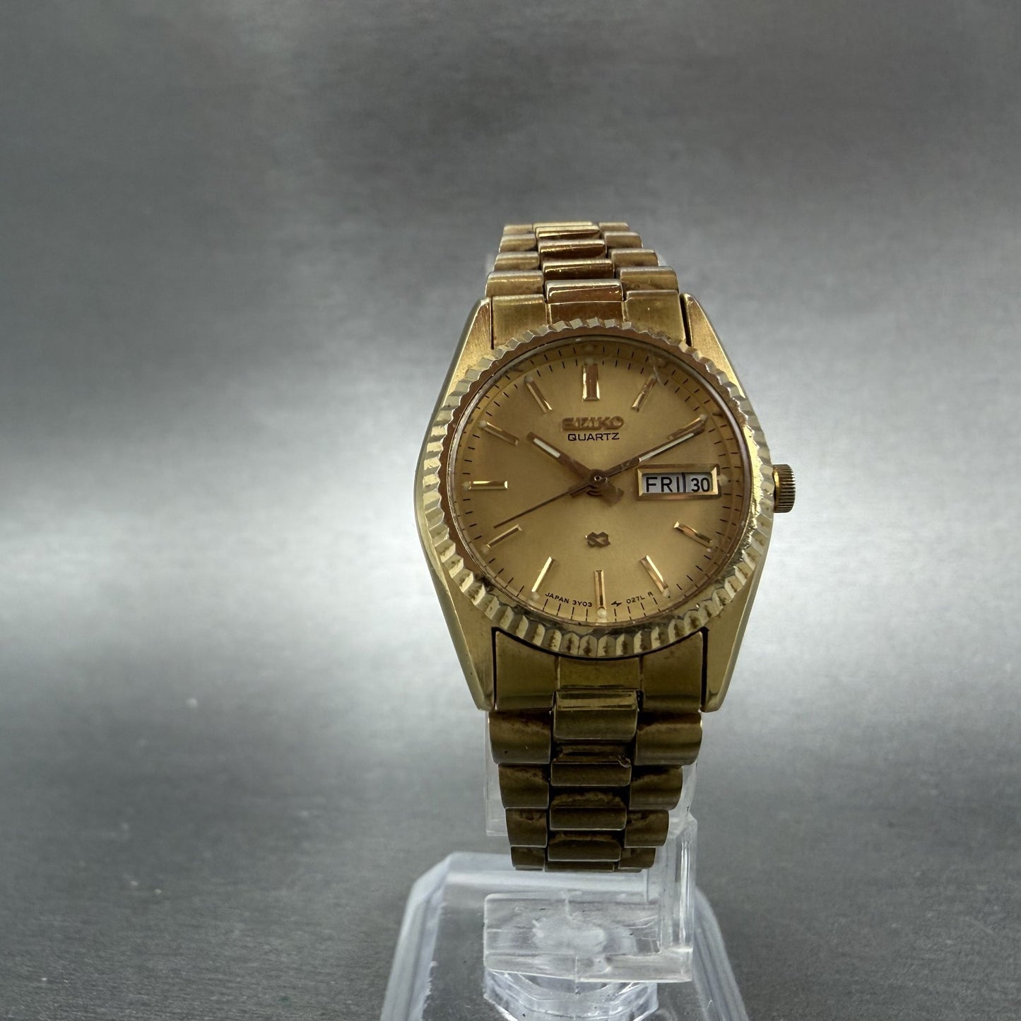 Seiko SQ Watch Women 24mm Gold Dial Gold Tone Daydate 24mm Round New Battery ABI5
