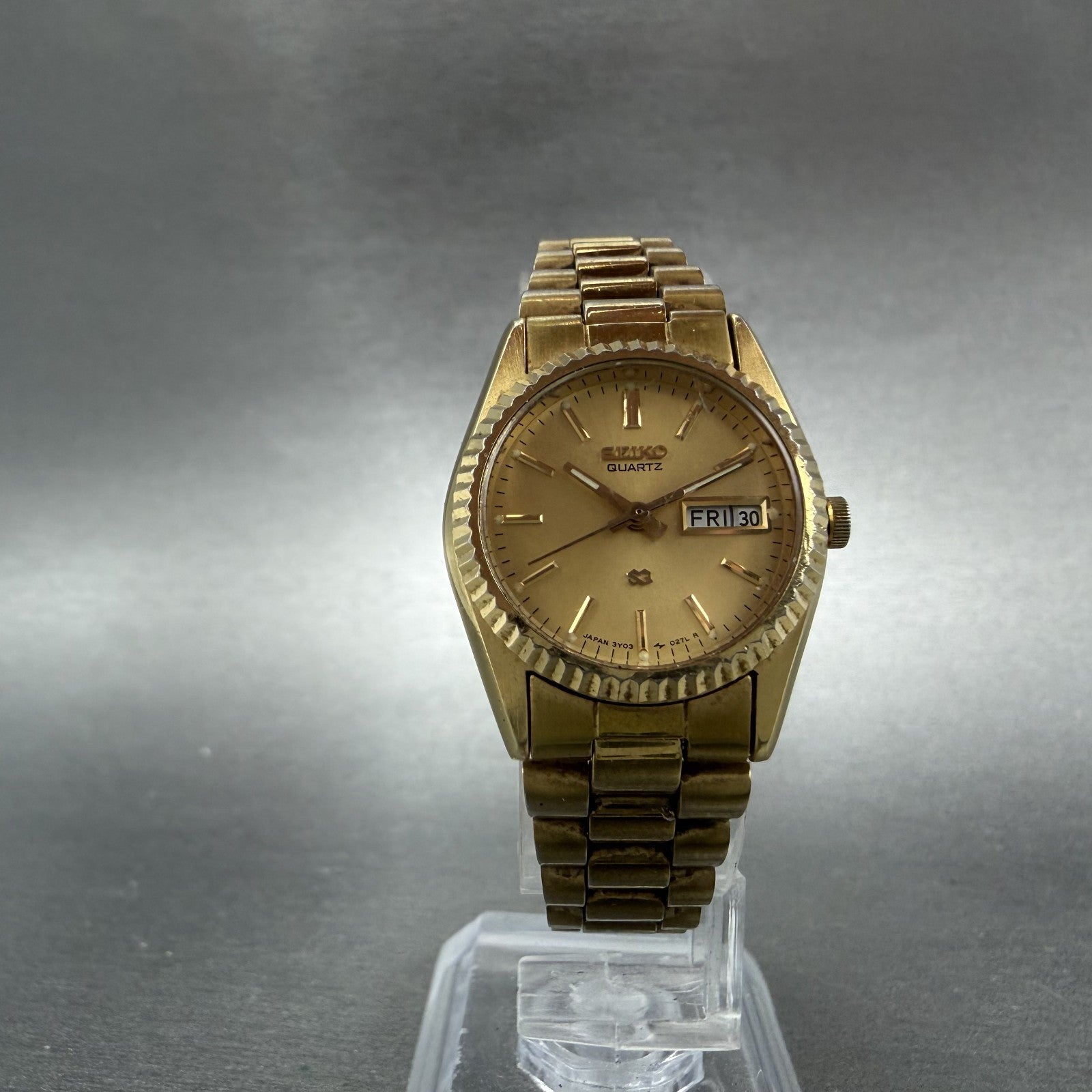 Seiko SQ Watch Women 24mm Gold Dial Gold Tone Daydate 24mm Round New Battery ABI5