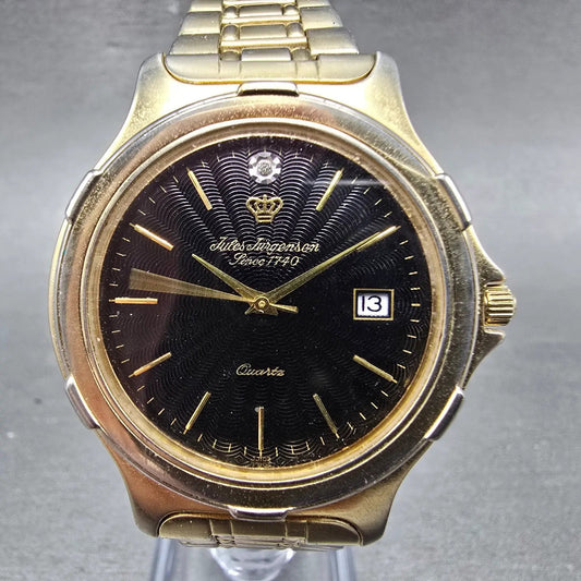 Jules Jurgenson Watch Men 37mm Black Dial Gold Tone Date Round New Battery VTG0