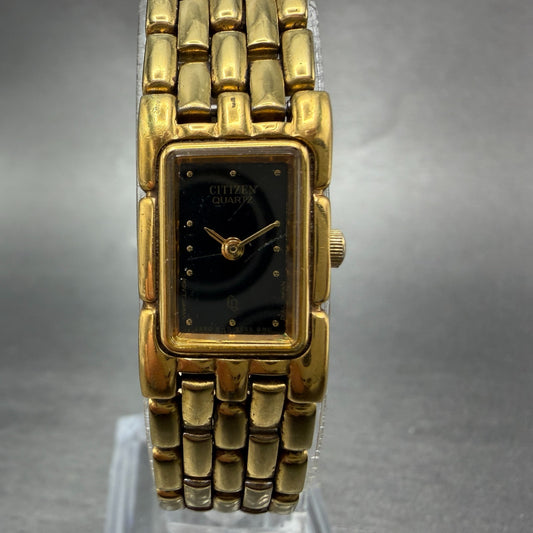 Citizen CQ Tank Watch Women 14mm Black Dial Gold Tone Rectangle New Battery VTG70