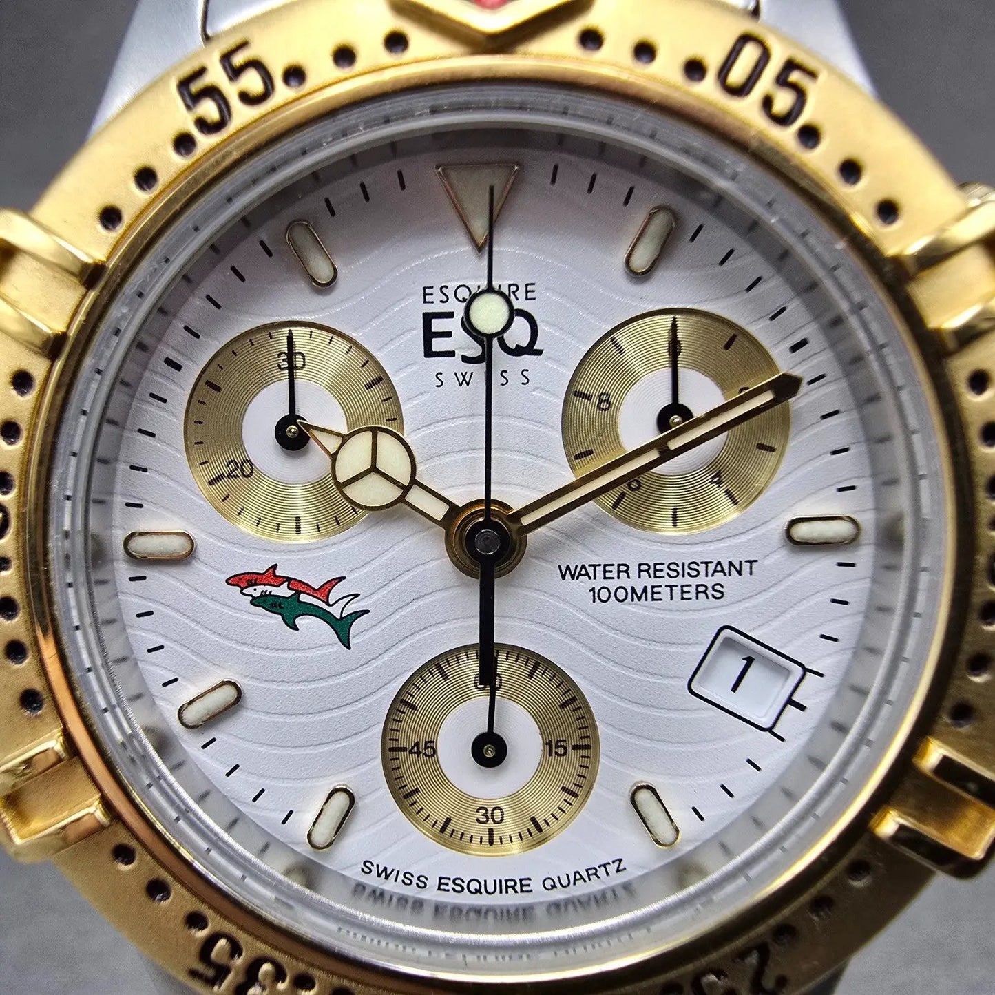 ESQ Chronograph Watch Men 37mm White Dial Two Tone Date Round 300389 New Battery1