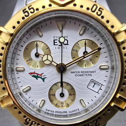 ESQ Chronograph Watch Men 37mm White Dial Two Tone Date Round 300389 New Battery1