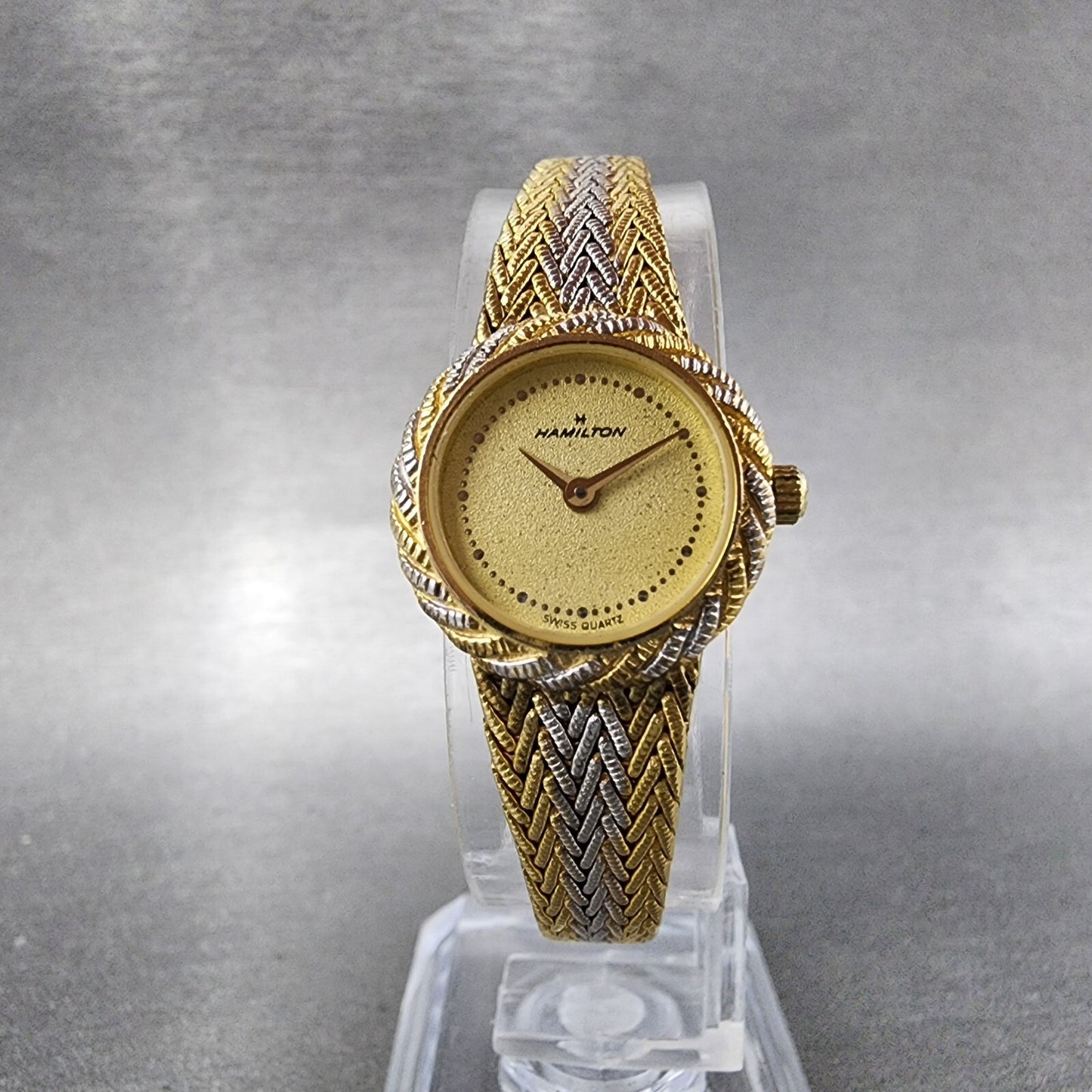 Hamilton Watch Women 19mm Gold Dial Two Tone Round Mesh Band  New Battery5