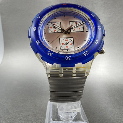 Swatch Aquachrono Watch Men 43mm Silver Dial Clear Case Round SBK117 READ!!!!