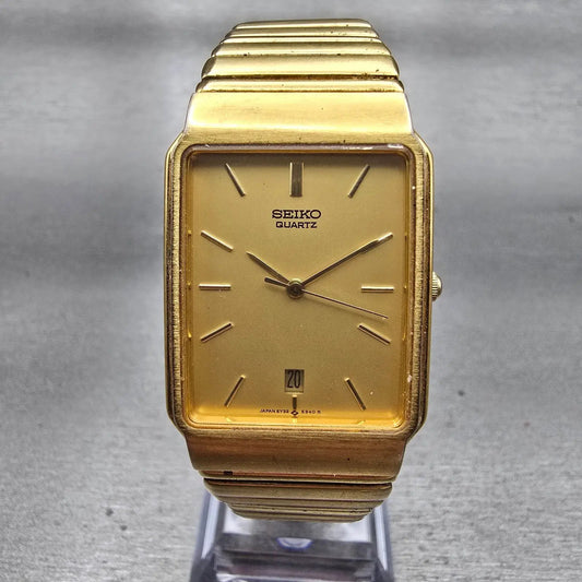 Seiko Watch Men 25mm Gold Dial Gold Tone Date Rectangle 5Y32-5129 New Battery0