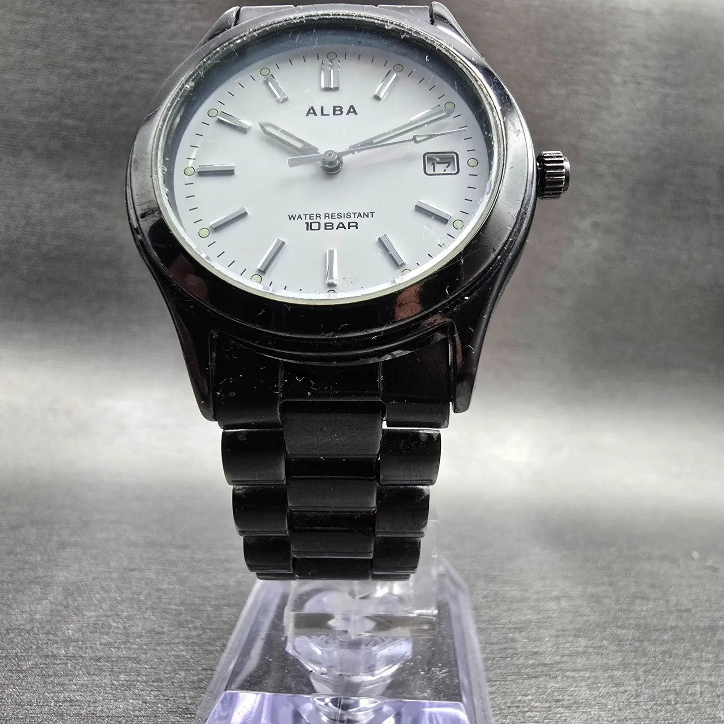 Seiko Alba Watch Men 34mm White Dial Black Tone Date Round 7N32-K004 New Battery5