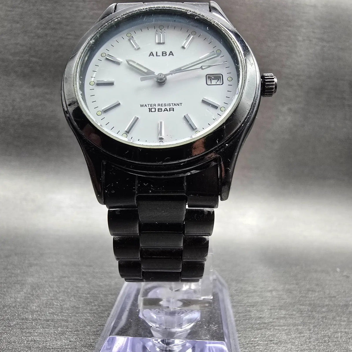 Seiko Alba Watch Men 34mm White Dial Black Tone Date Round 7N32-K004 New Battery5