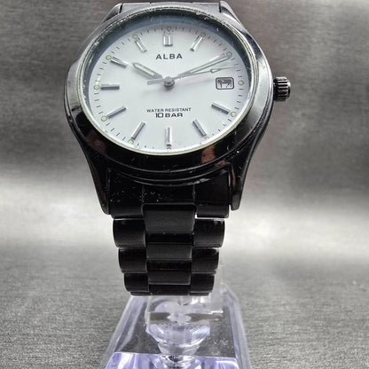 Seiko Alba Watch Men 34mm White Dial Black Tone Date Round 7N32-K004 New Battery5
