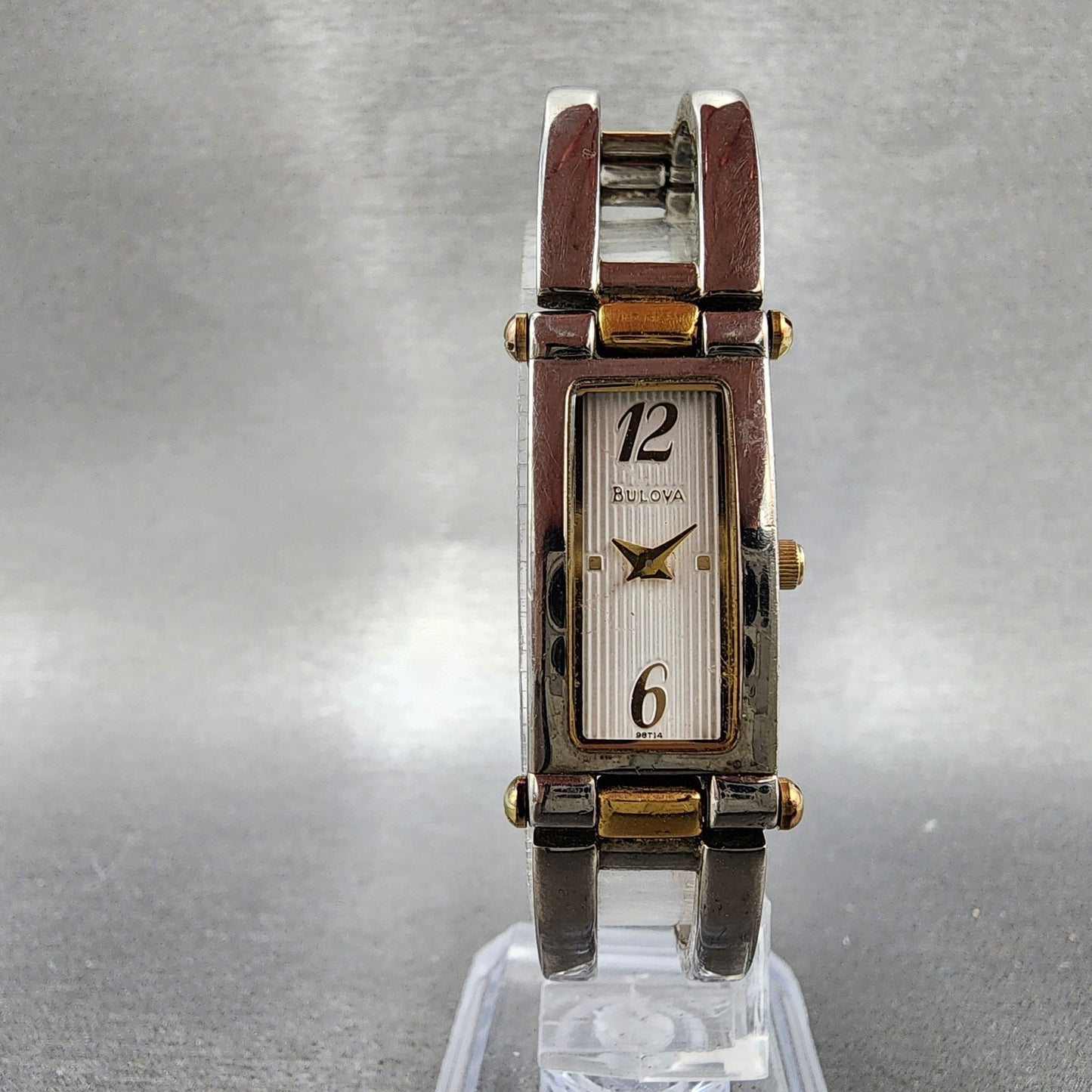 Bulova Tank Watch Women 14mm White Dial Two Tone Rectangle 98t14 New Battery5